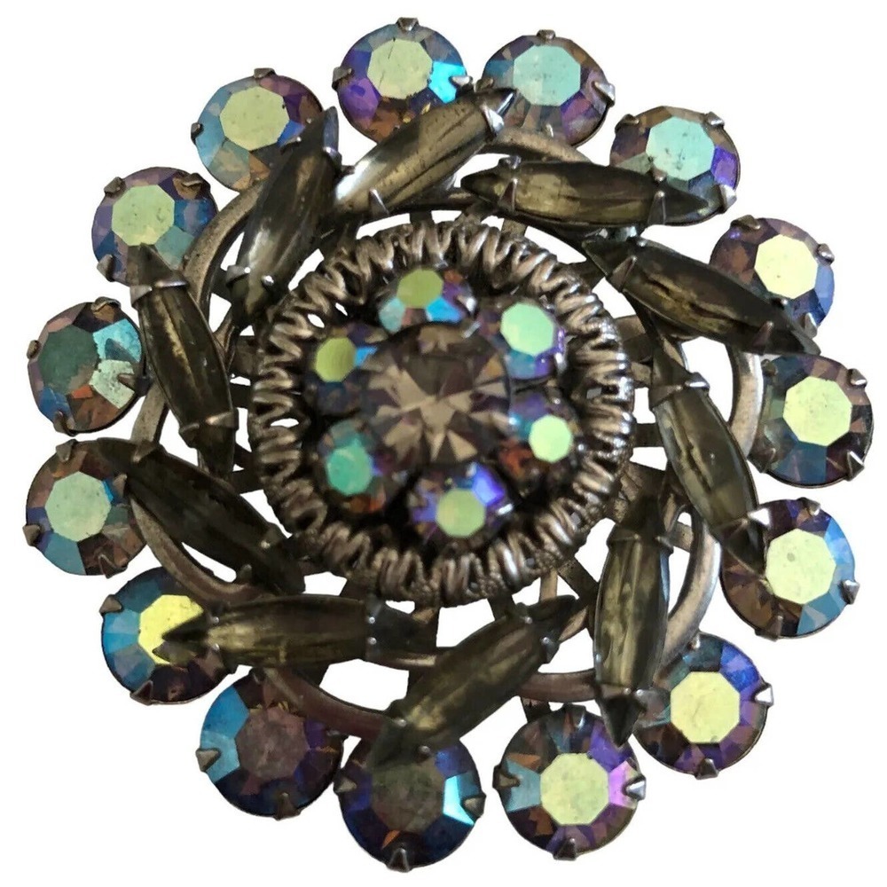 Beautiful Smoky Topaz & Blue AB Rhinestone Brooch Filigree Vintage Jewelry